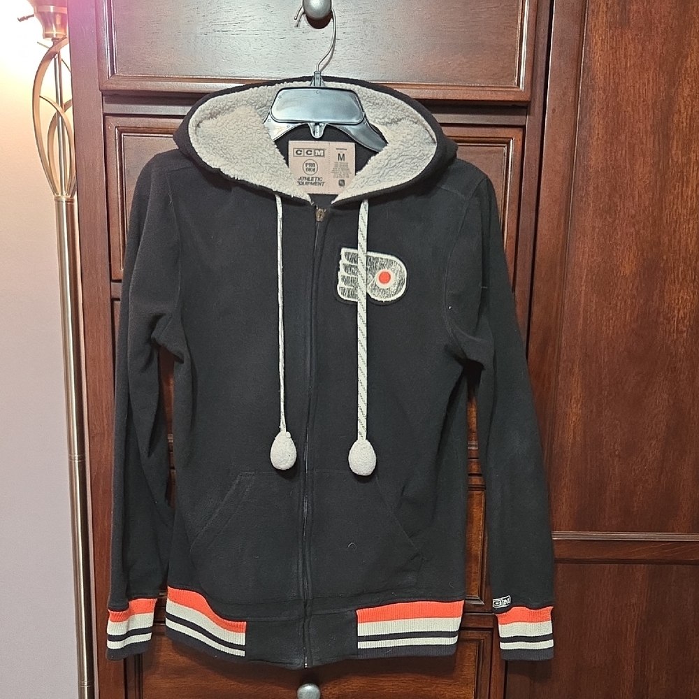 Authentic CCM NHL Philadelphia Flyers Zip Up Fleece Hooded Jacket Womens Medium